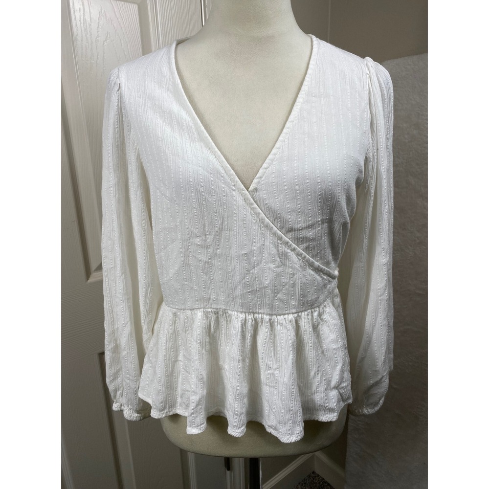 American Eagle Size L White Long Sleeve Wrap Peplum Blouse Boho Chic Romantic
